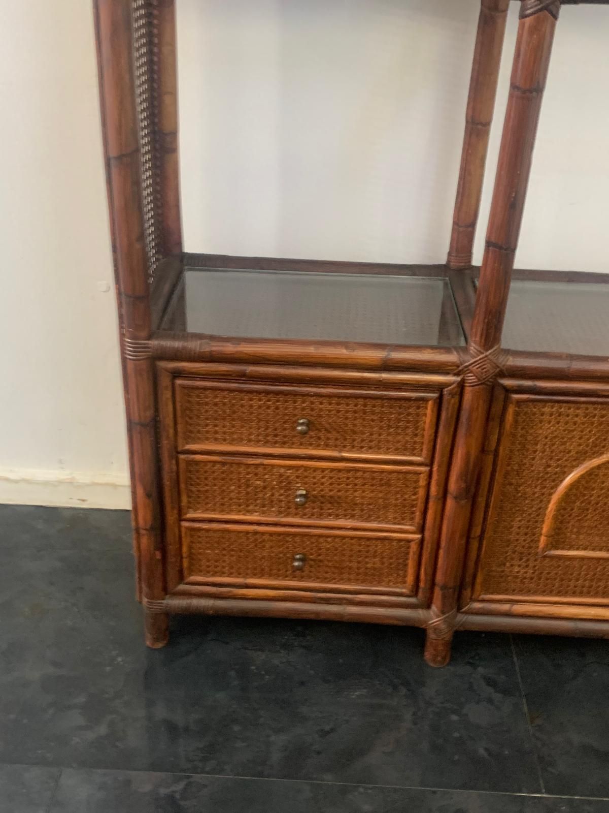 Bookcase In Malacca Rattan And Crystal By Vivai Del Sud, 1970s photo for sale