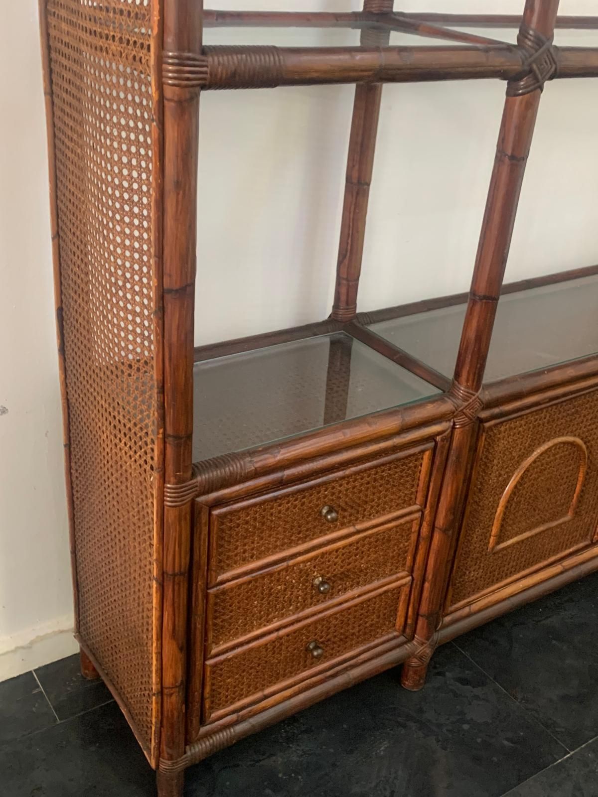 photo for sale Bookcase In Malacca Rattan And Crystal By Vivai Del Sud, 1970s