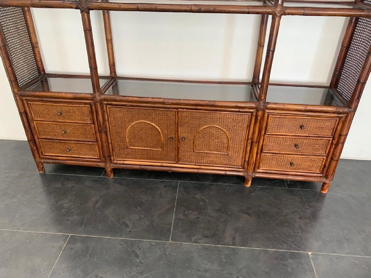 Bookcase In Malacca Rattan And Crystal By Vivai Del Sud, 1970s photo buy