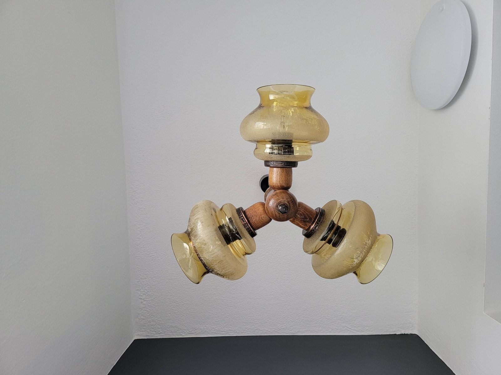 Mid Century Modern Ceiling Lamp, Amber Glass Globe Chandelier, Pendant Light, Copper And Wood, 70's Yugoslavia, Vintage Light, Mcm photo for sale