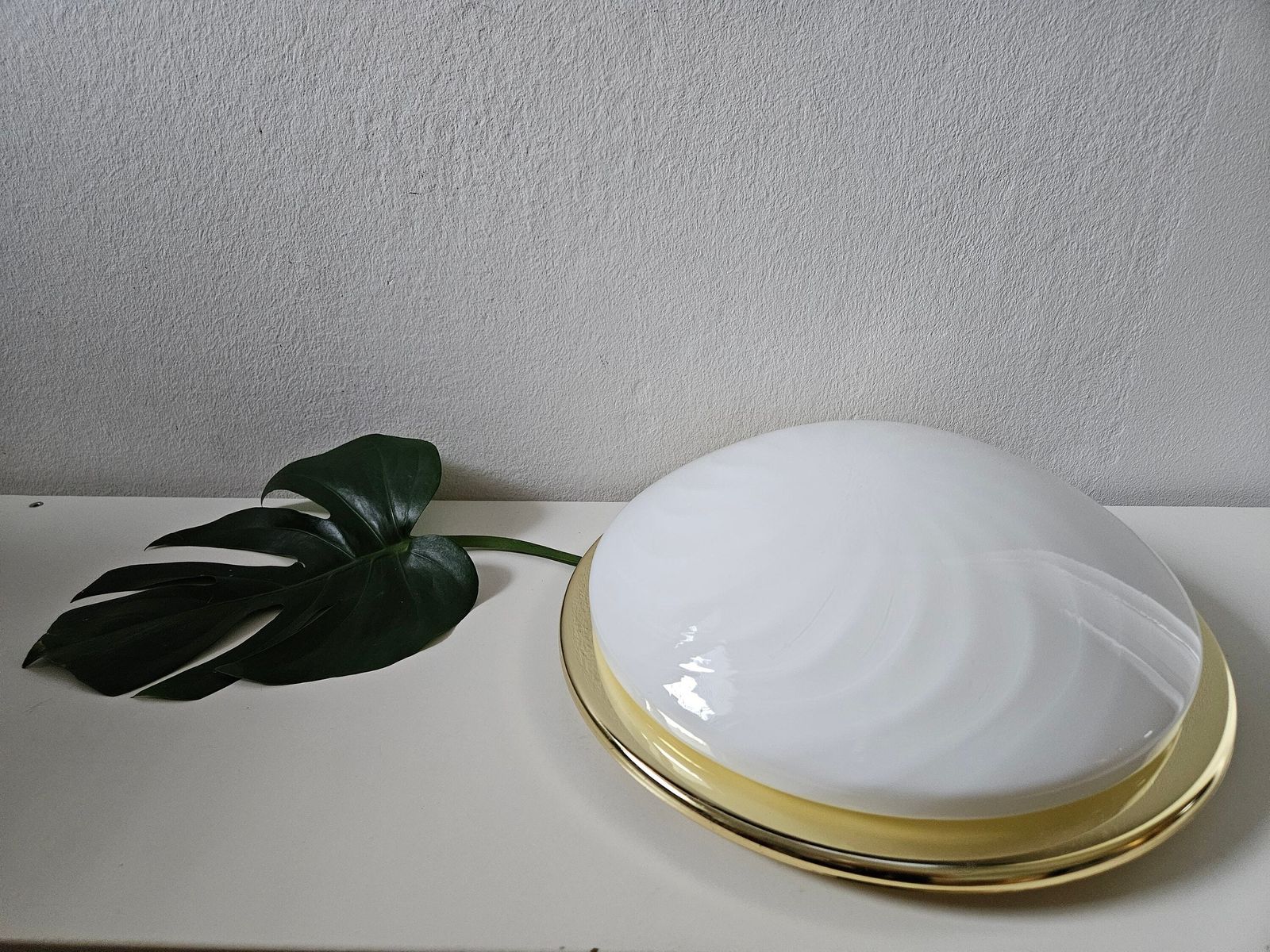 Large Vintage Glass Flush Mount Ceiling Light, Swirl Murano Glass Wall Lamp, Spiral Murano Glass Ceiling Lamp, Swirl Lamp, 80's, Brass Lamp photo for sale