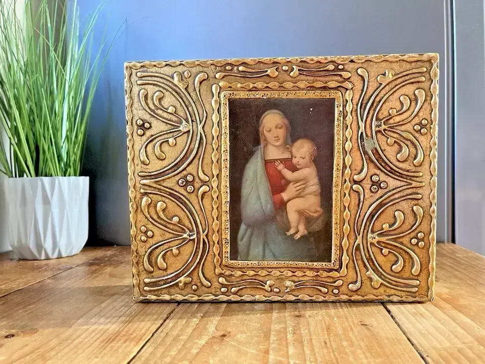 Florentine Giltwood Madonna Del Granduca Italian Brutalist Wooden Jewellery Box photo Home Decor