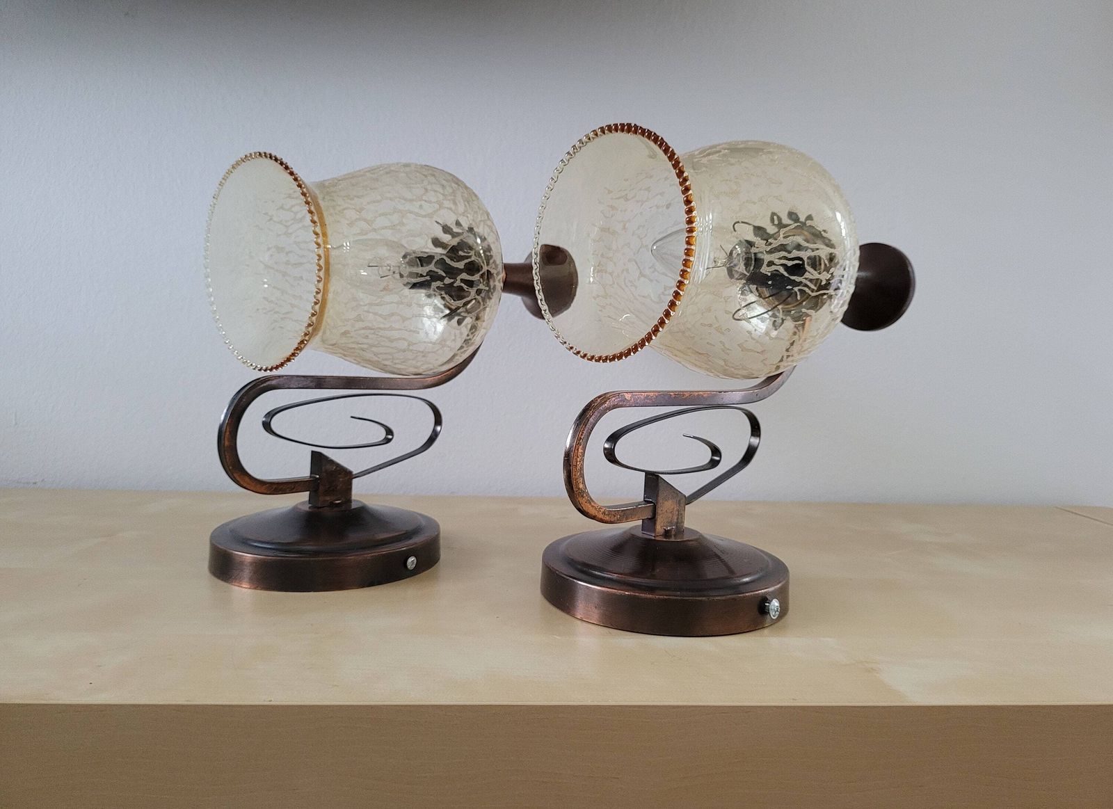 Set Of 2 Vintage Wall Lamps, Wall Sconces Pair, Bedside Lights, Copper Lamp, Glass Lamp, Mid Century Lamp, Yugoslavia 80's, Vintage Light