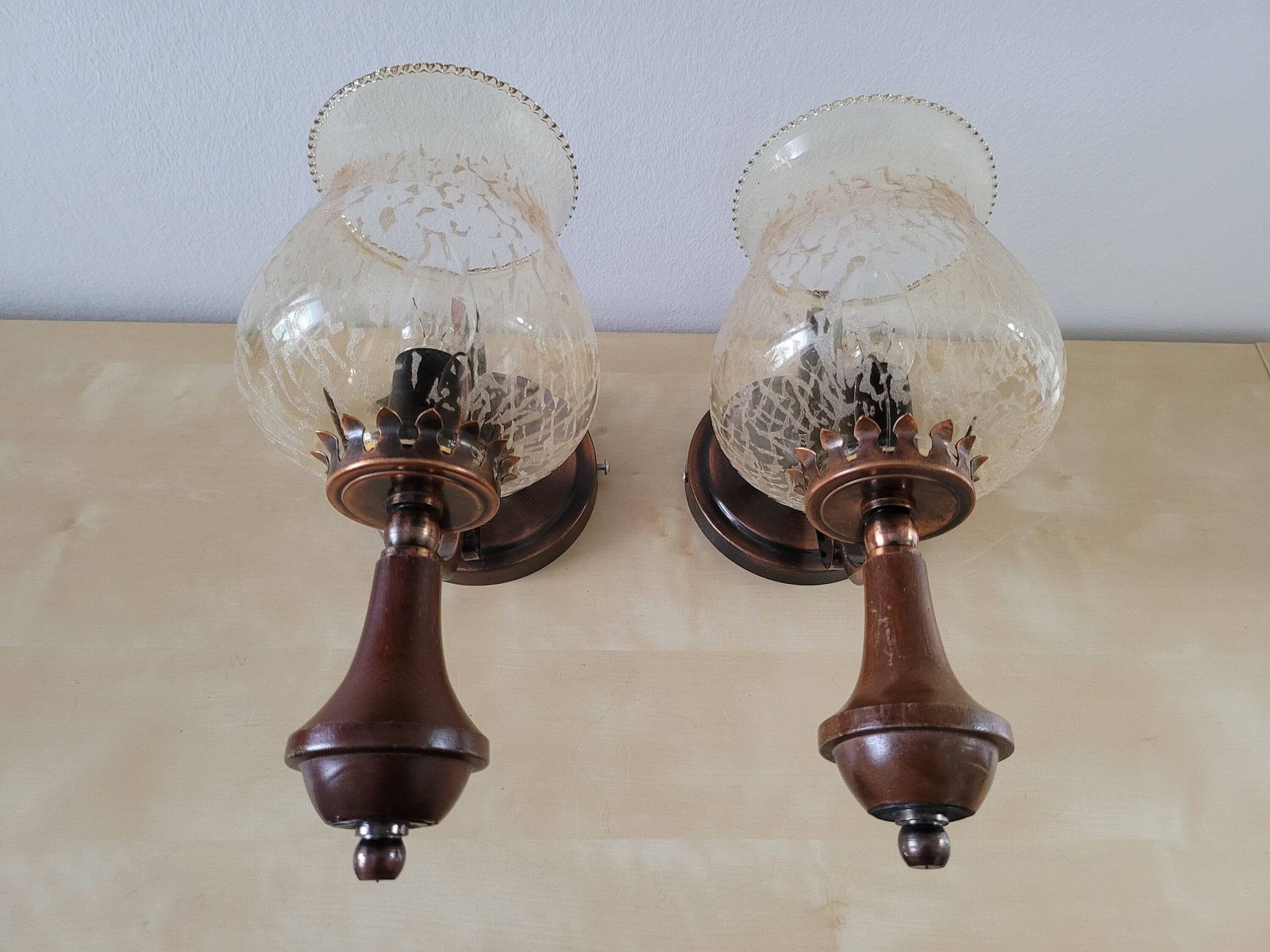 Set Of 2 Vintage Wall Lamps, Wall Sconces Pair, Bedside Lights, Copper Lamp, Glass Lamp, Mid Century Lamp, Yugoslavia 80's, Vintage Light photo buy