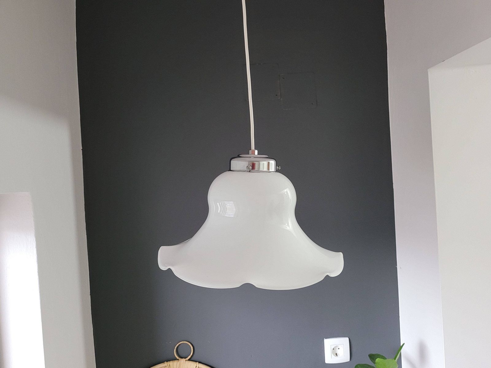 Vintage Pendant Lamp In Fazzoletto Style, Mid Century Modern Ceiling Light 70's, Glass Lamp, Mcm Light Fixture, White Chandelier, Retro Lamp photo for sale