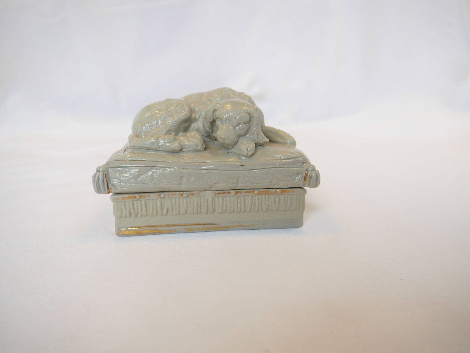 Sleeping Dog Lidded Pot, Spaniel Heavy Pottery Trinket Dish, Lidded Dish With Dog Design, Dog Ornament Dish photo for sale