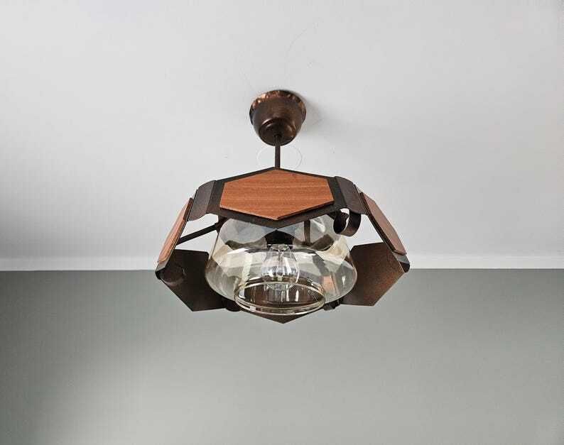 Vintage Ceiling Light, Brutalist Wood Copper Pendant Light, Glass Chandelier, Mid Century Modern Lamp, Rustic Lamp, Retro Lighting photo Lighting