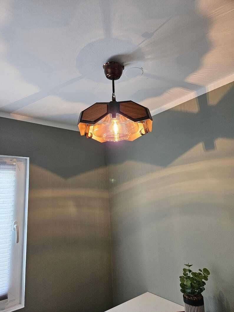 Vintage Ceiling Light, Brutalist Wood Copper Pendant Light, Glass Chandelier, Mid Century Modern Lamp, Rustic Lamp, Retro Lighting photo vinterior