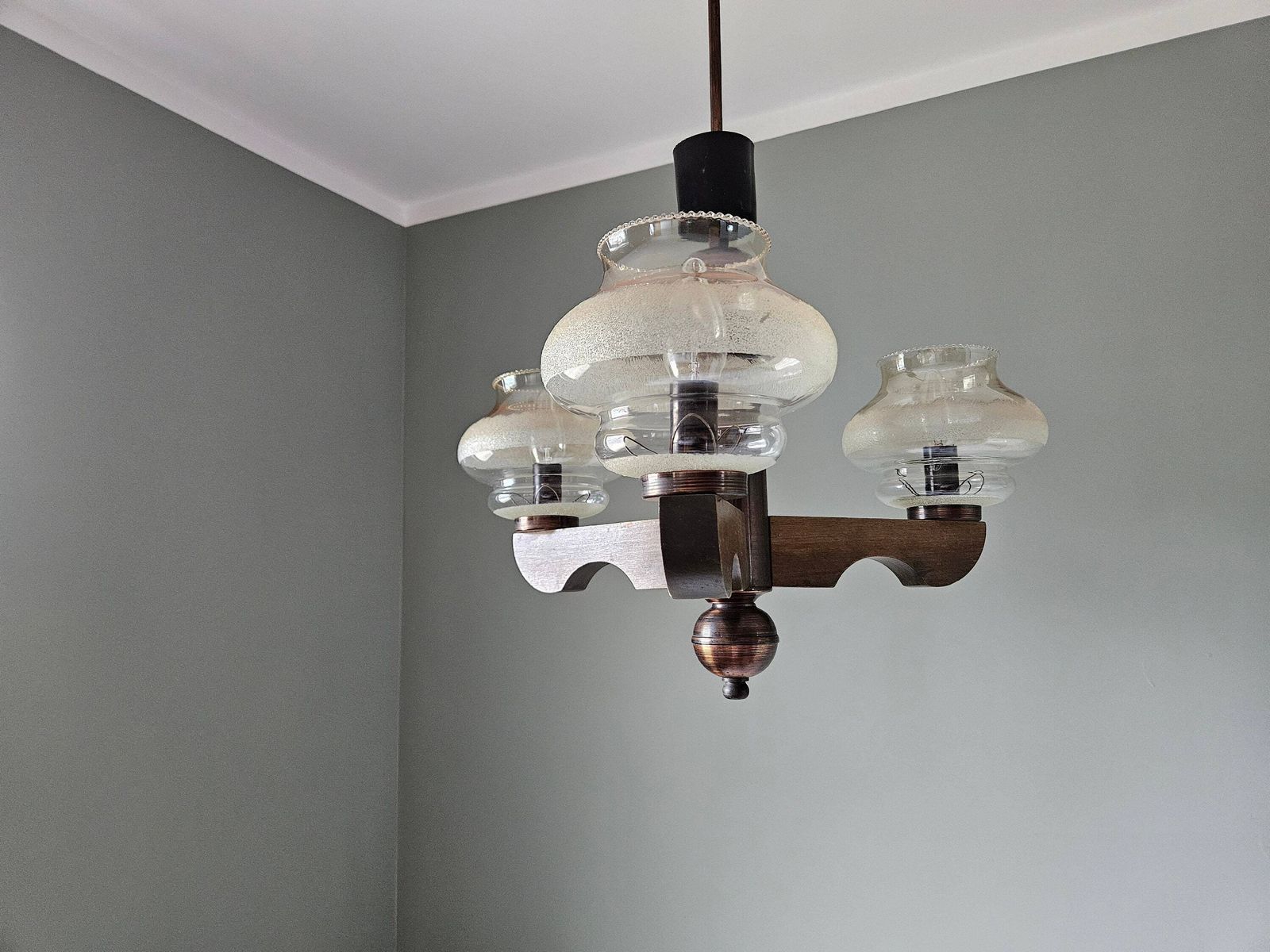 Mid Century Modern Ceiling Lamp, Amber Glass Globe Chandelier, Pendant Light, Copper And Wood, 70s Yugoslavia, Vintage Light, Mcm