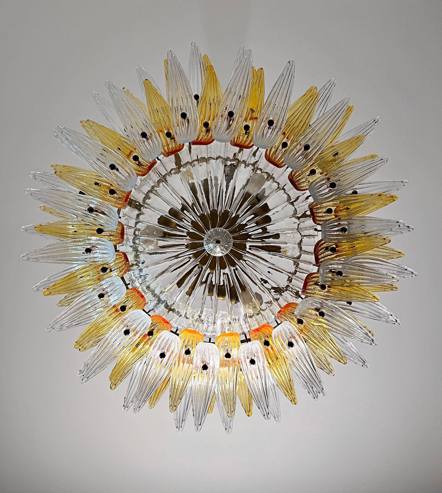 photo for sale Murano Chandelier Original Palmette, Two Levels, 82 Amber And Clear Glasses