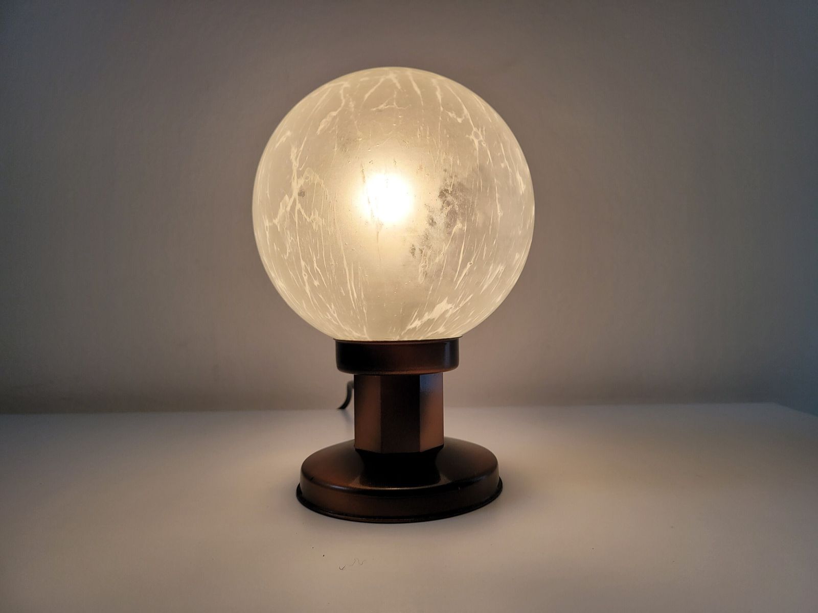 Vintage Table Lamp, Mid Century Glass Globe Lamp, Space Age Desk Lamp, Copper Bedside Light, Night Stand Light, Mcm Light, 70's, Yugoslavia