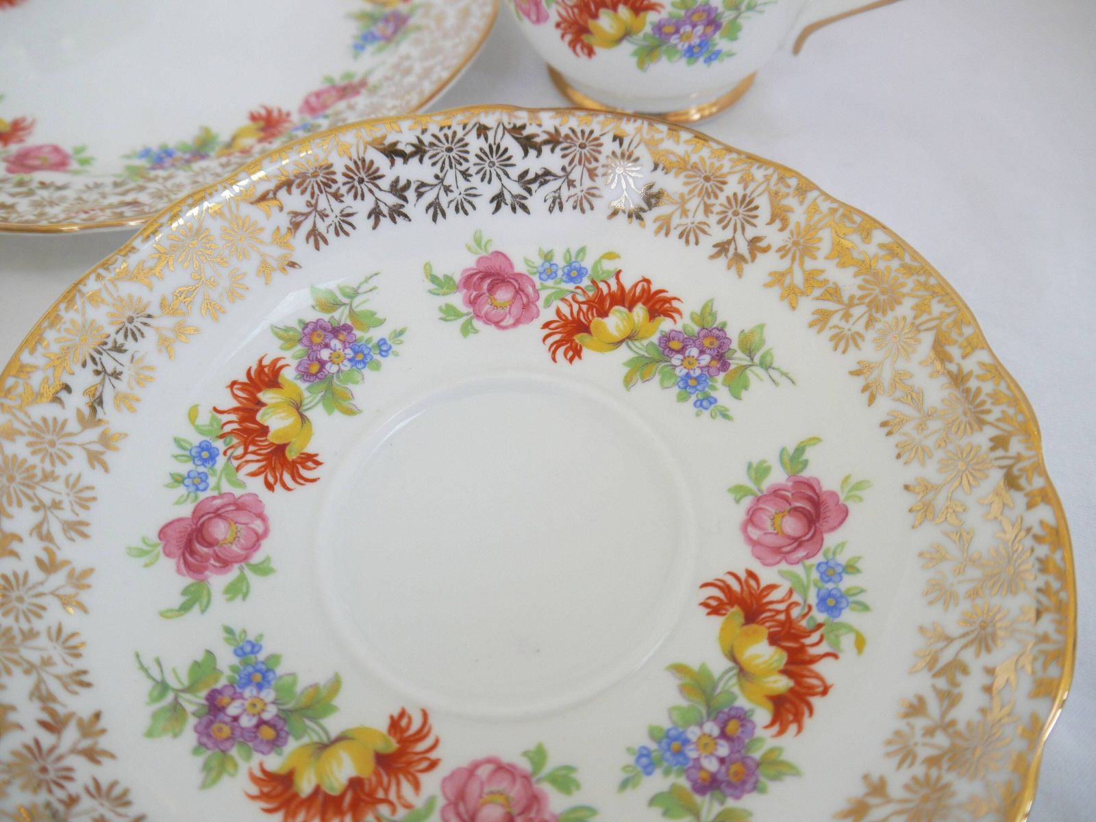 Imperial Bone China Tea Cup Trios With Milk Jug And Sugar Bowl, 6 Bone China Floral And Gold Tea Cups, Saucers And Plates. photo vintage