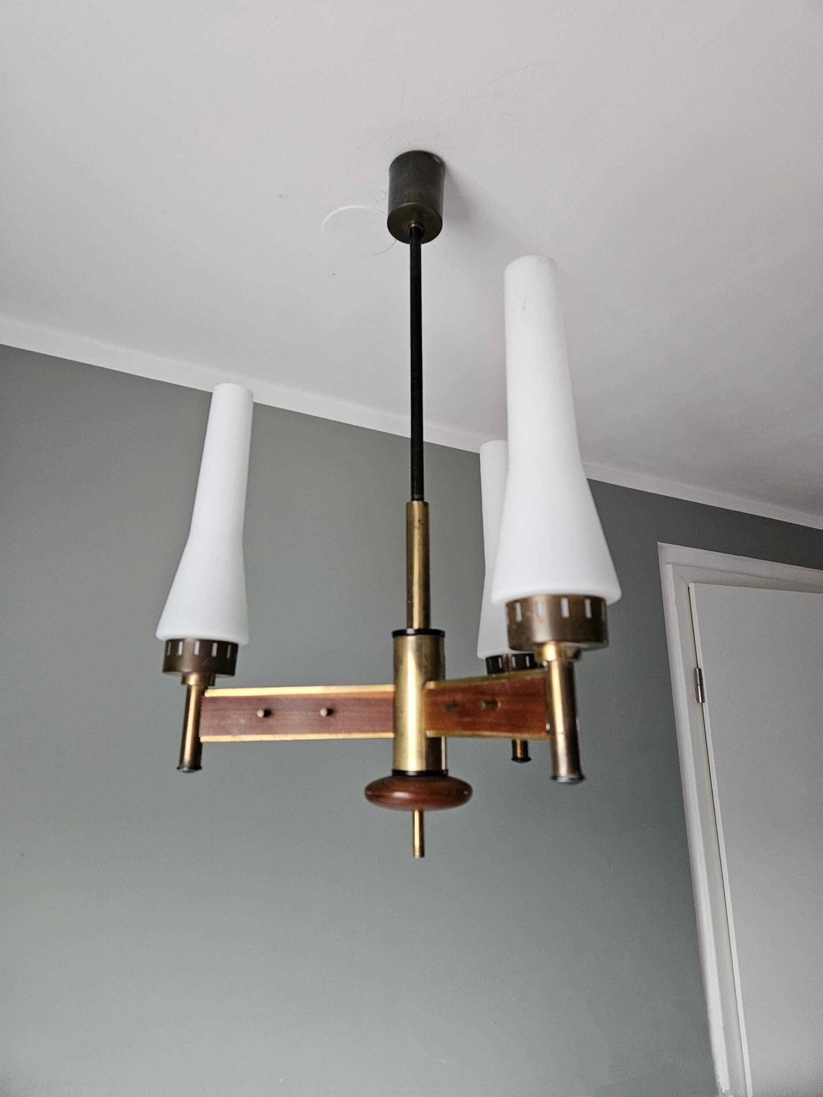 Vintage Chandelier / Mid Century Chandelier In Stilnovo Style / Italian Pendant Light / Ceiling Lamp / 50s / Wood Brass Glass photo for sale