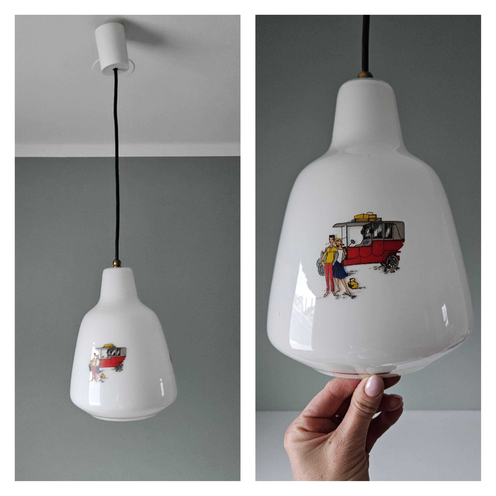 Vintage Pendant Light, Old Kitchen Lamp, Opaline Glass Ceiling Light, 60's, Farmhouse Lamp, Cottage Core, Love Couple And Carriage photo furniture