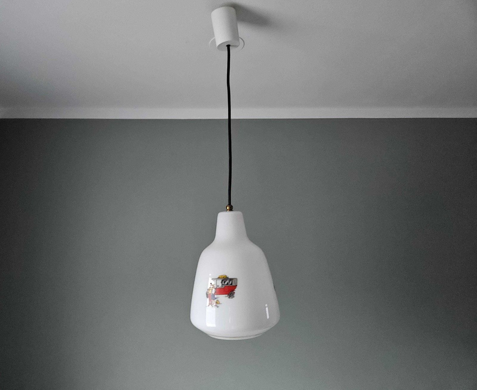 Vintage Pendant Light, Old Kitchen Lamp, Opaline Glass Ceiling Light, 60's, Farmhouse Lamp, Cottage Core, Love Couple And Carriage photo Lighting