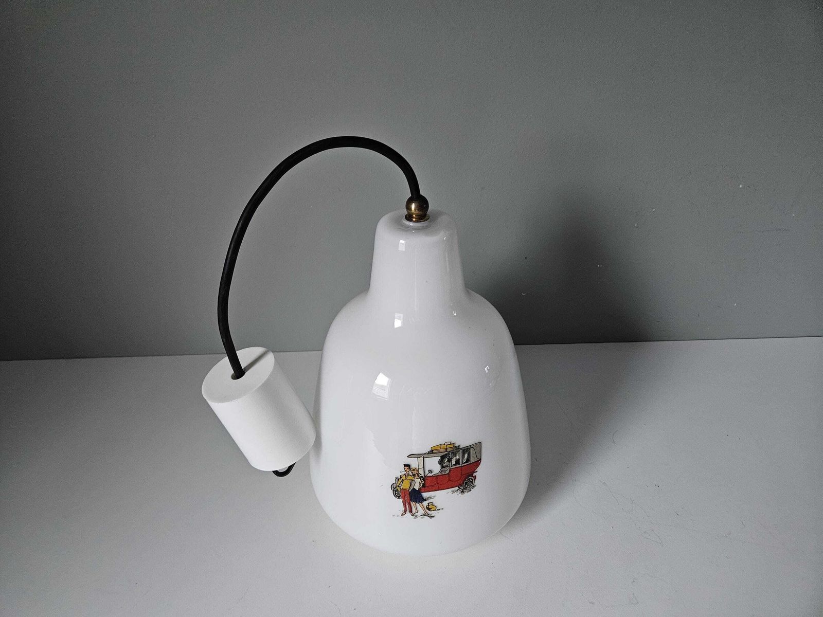 Vintage Pendant Light, Old Kitchen Lamp, Opaline Glass Ceiling Light, 60's, Farmhouse Lamp, Cottage Core, Love Couple And Carriage photo vinterior