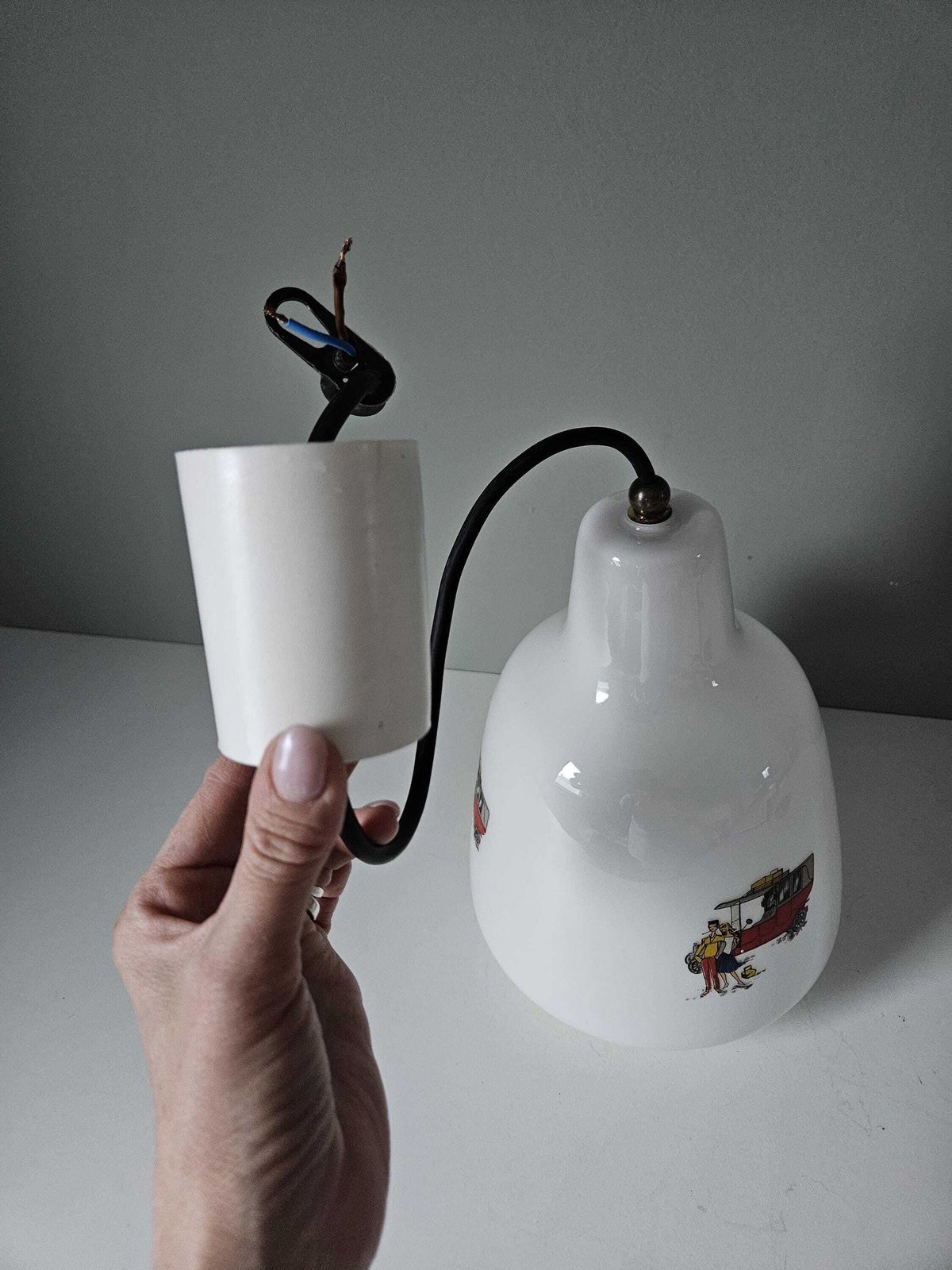 photo furniture Vintage Pendant Light, Old Kitchen Lamp, Opaline Glass Ceiling Light, 60's, Farmhouse Lamp, Cottage Core, Love Couple And Carriage