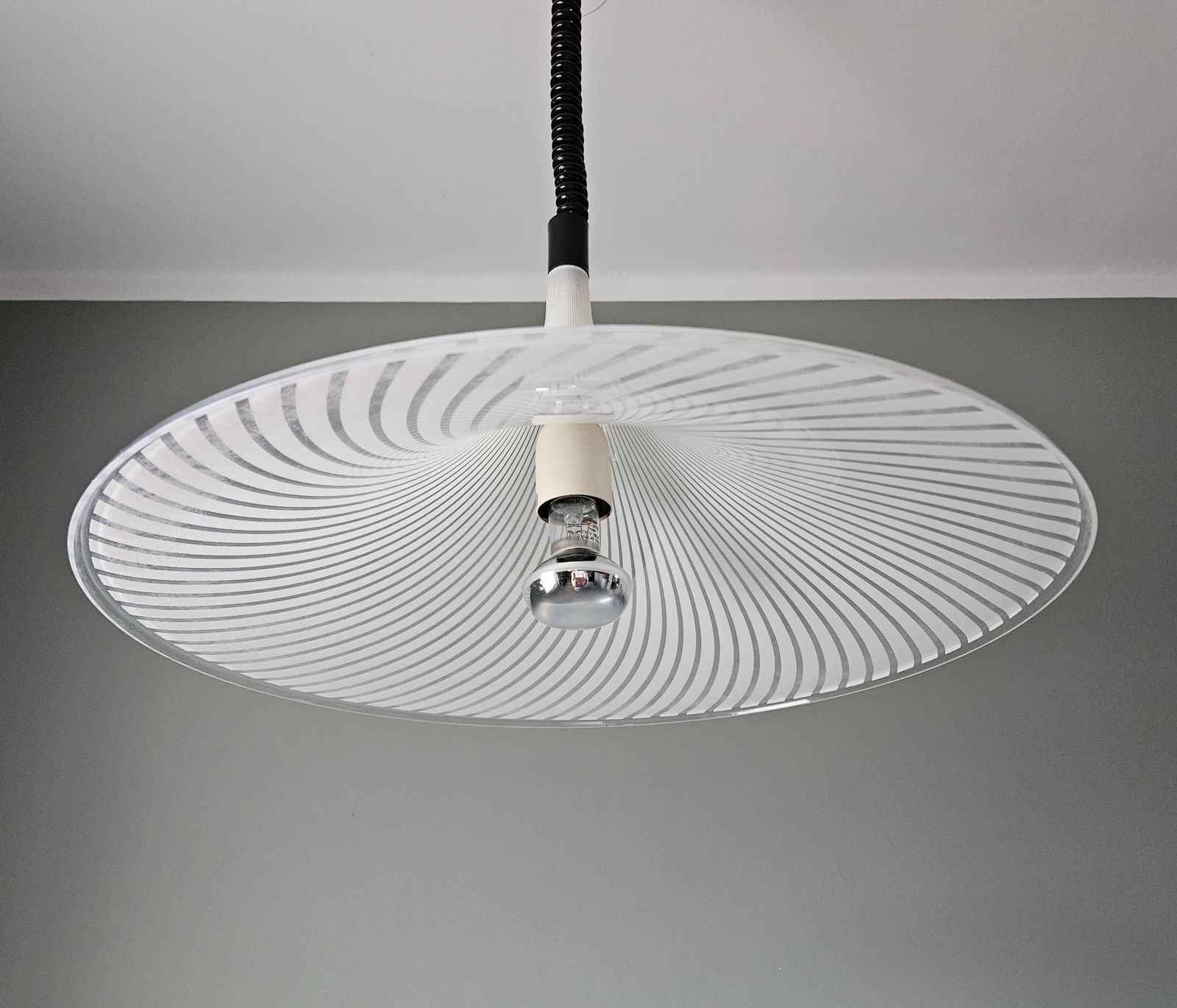 Vintage Meblo Guzzini Pendant Light, White Ceiling Lamp, Trumpet Lamp, Space Age Lamp, Mcm, Mid Century Modern, Retro Lamp, Space Age, Ufo photo furniture