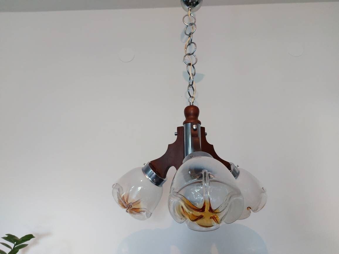 Vintage Mazzega Pendant Lamp, Mid Century Lamp, Dinning Room Ceiling Lamp, Three Murano Glass Globes Chandelier, Space Age Lamp 70's Mcm photo vinterior