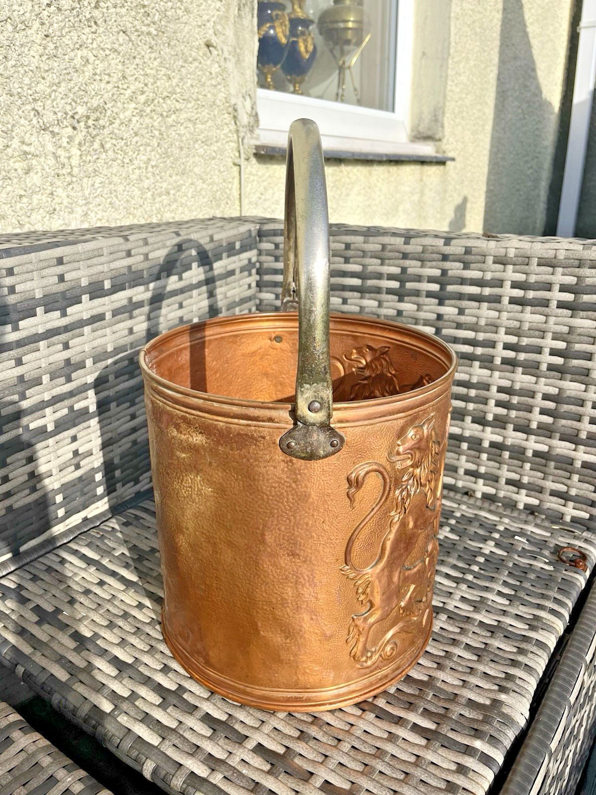 165.0 Vintage Copper Coat Of Arms Heraldic Regal Lion Coal Bucket Scuttle Kindling Bin photo