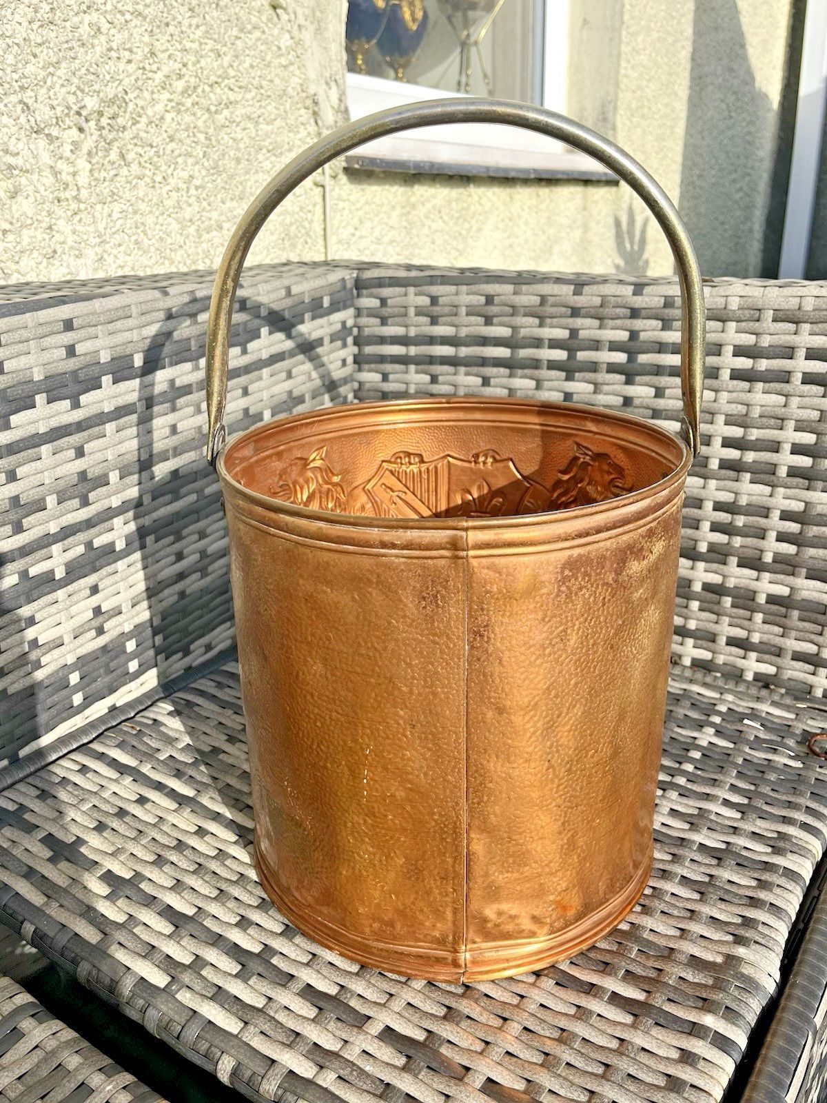 photo buy Vintage Copper Coat Of Arms Heraldic Regal Lion Coal Bucket Scuttle Kindling Bin
