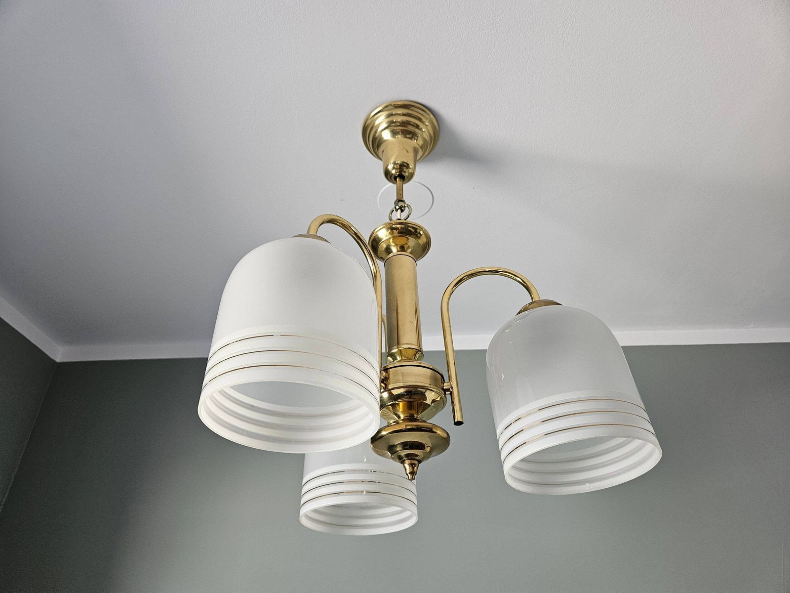 Vintage Pendant Lamp, Brass Chandelier, 80's Yugoslavia, Ceiling Light, White And Gold Chandelier, Elegant Light Fixture, Hollywood Regency photo for sale