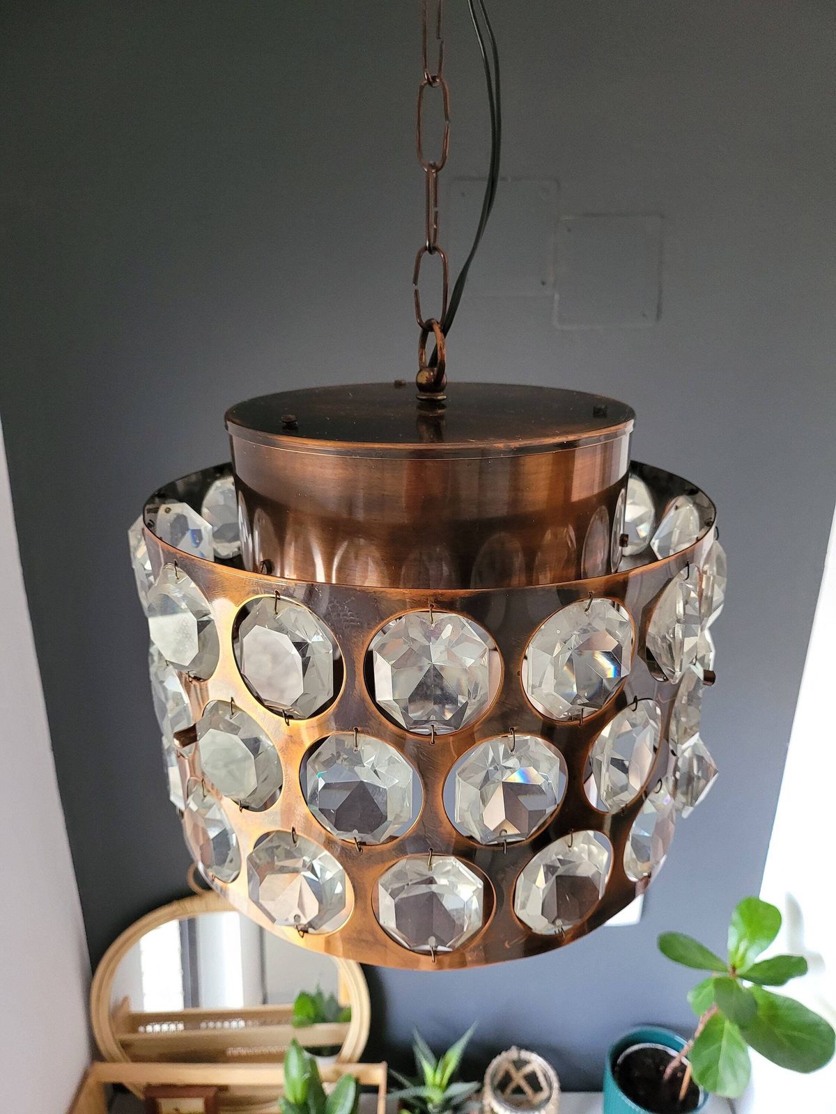 photo furniture Vintage Ceiling Light, Copper & Crystal Pendant Lamp, Chandelier, Mid Century Modern Light Fixture, 70's Rustic Lamp, Retro Hanging Light