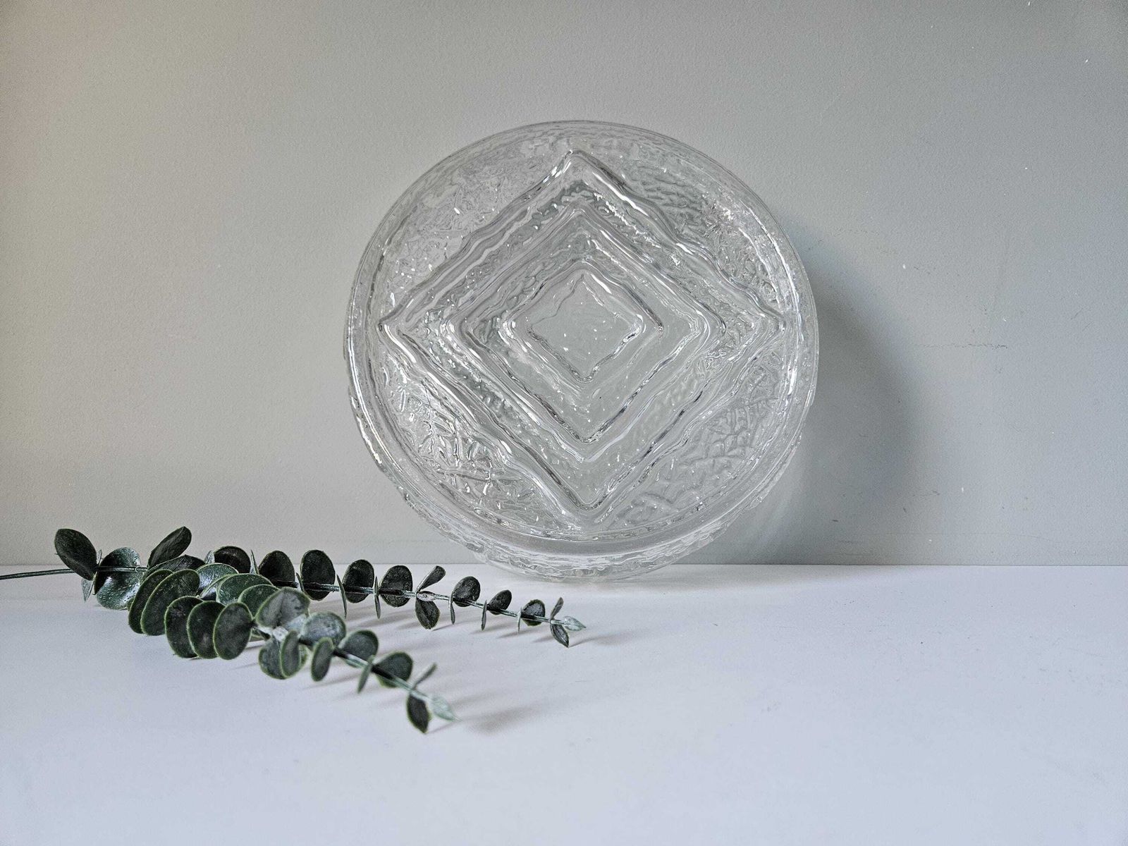 Large 9.8" Vintage Flush Mount Ceiling Light, Glass Wall Lamp, Mid Century Modern, Plafoniera, Round Glass Sconce, Greek Pattern, Yu 70's