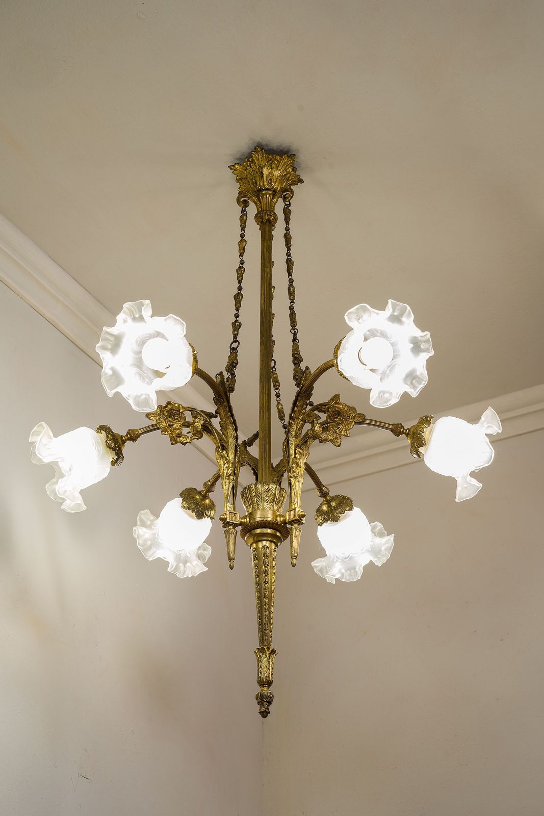 photo for sale Antique Empire Style Chandelier In Gilded Bronze With Frosted Glass Tulip Shades.