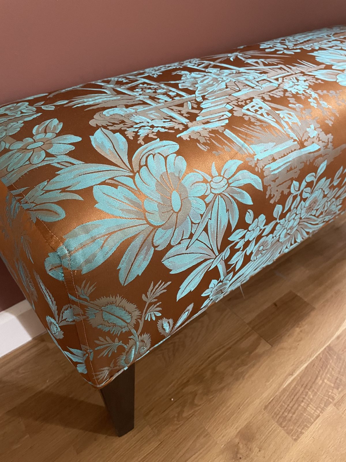 Unique Designer Bench Seat In Gorgeous Oriental Teal & Bronze Silk