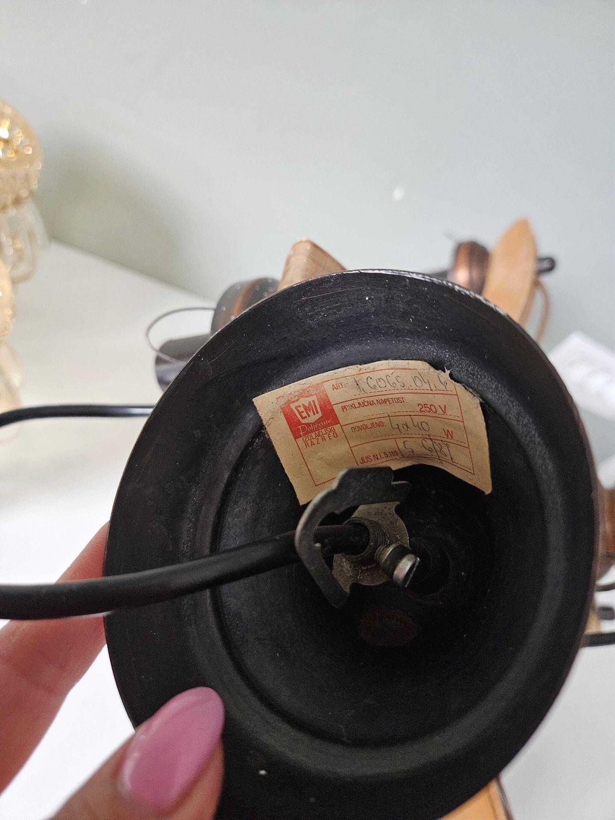 photo furniture Vintage Chandelier, Wood Glass Copper Lamp, Pendant Light, Mcm Ceiling Lamp, 70s, Wooden Chandelier, Light Fixture, Mid Century Modern