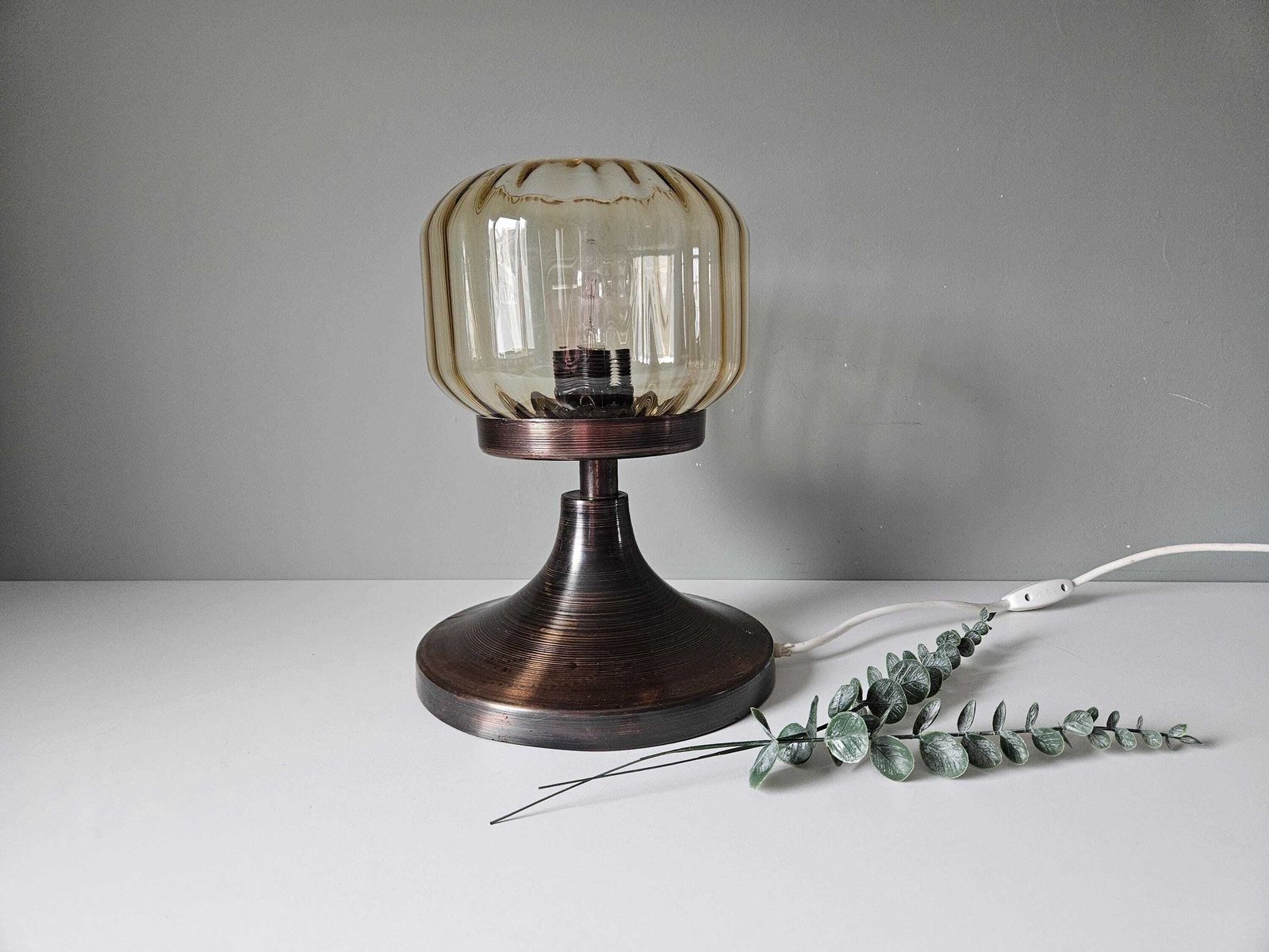 Gorgeous Large Vintage Table Lamp, Copper And Amber Glass Table Lamp, Bedside Light, Side Lamp, Mid Century Modern Lamp, Mcm Desk Lamp, 70's
