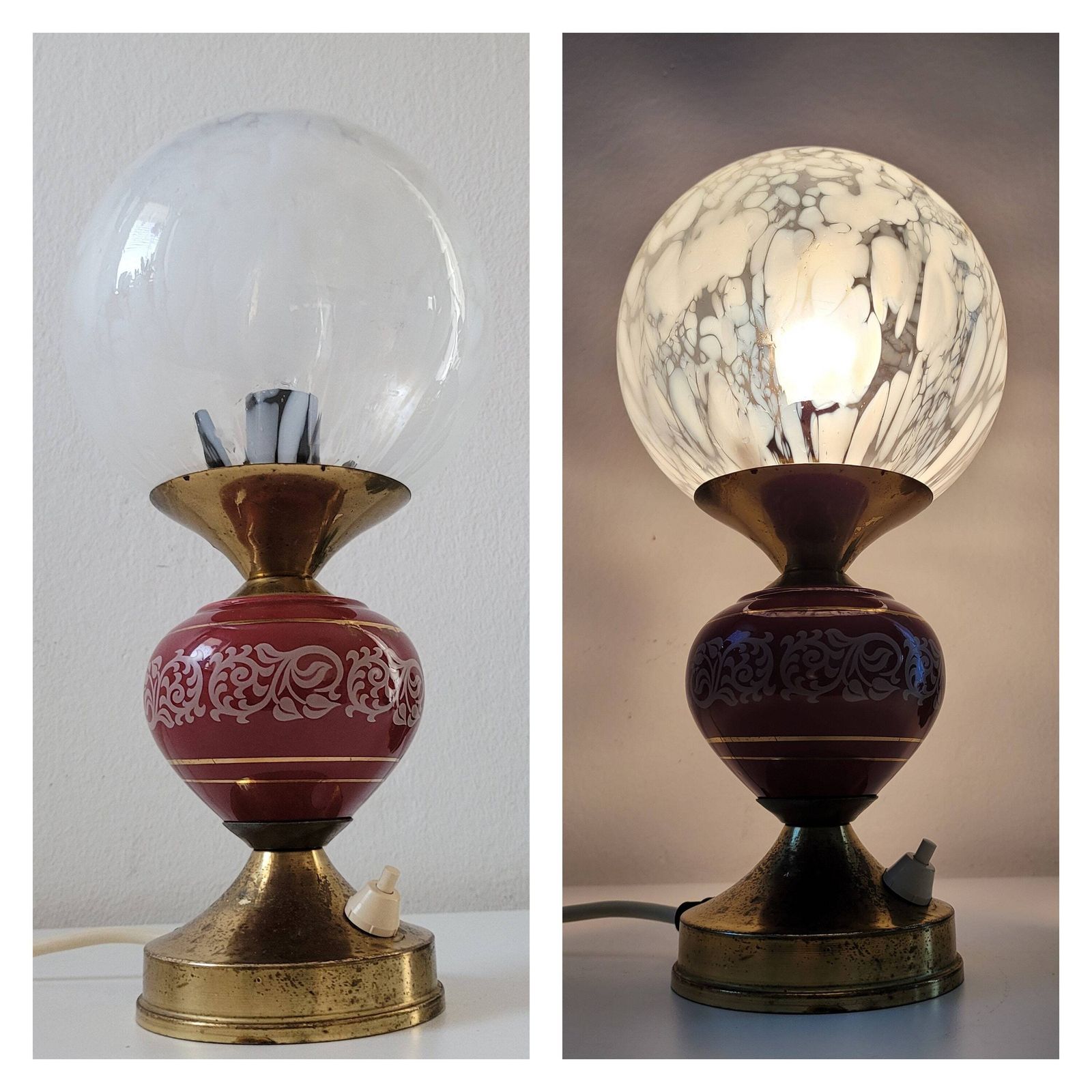 Charming Vintage Bedside Lamp, Red Table Lamp, Glass Globe Lamp, Ceramic Lamp, Vintage Lamp, Nightstand Light, Magic Ball, Brass Table Lamp photo for sale