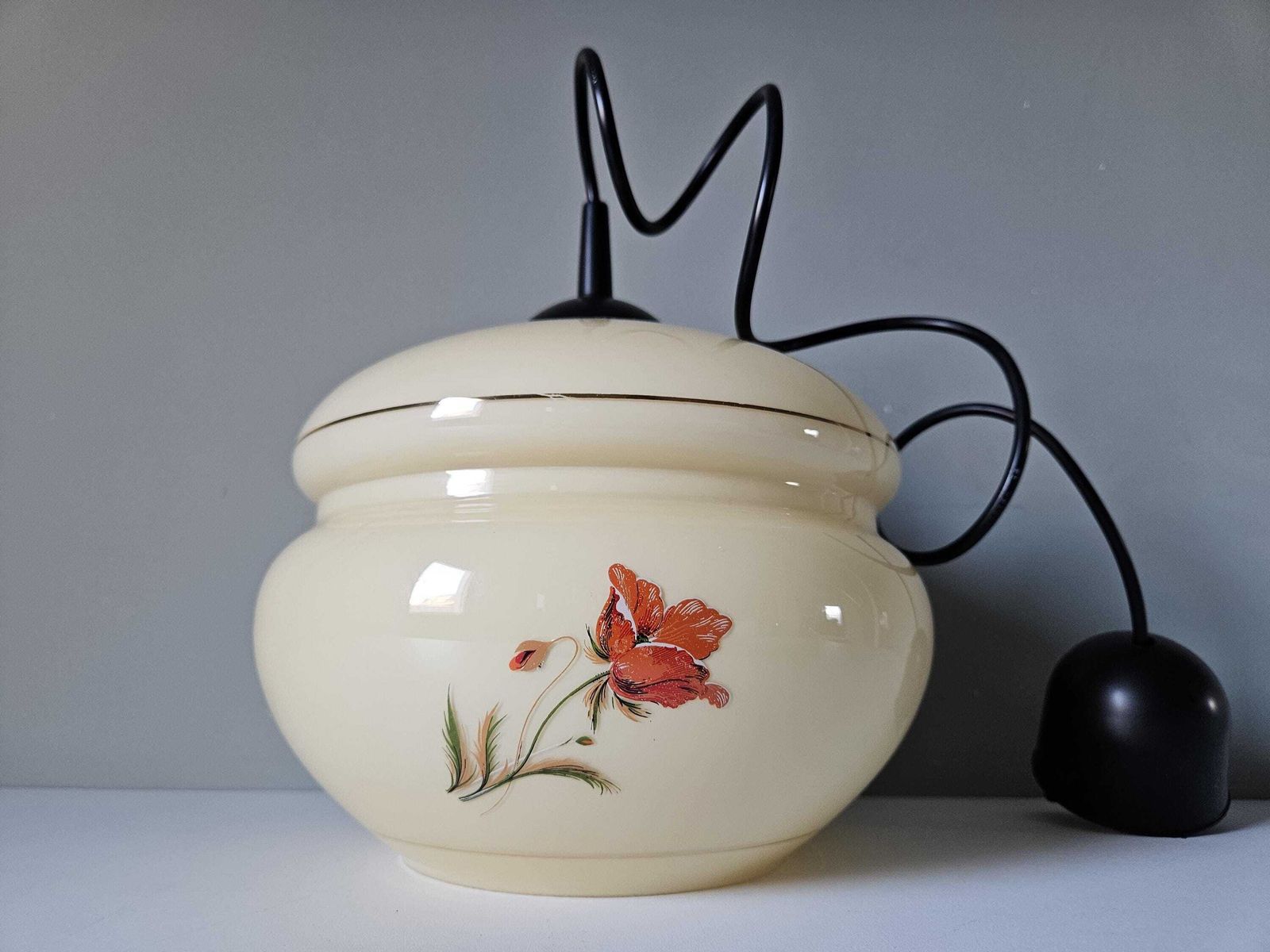 Vintage Pendant Light, Light Yellow Glass Ceiling Light, Hanging Lamp, Yugoslavia 70's, Mid Century Modern, Poppy Flower photo vintage
