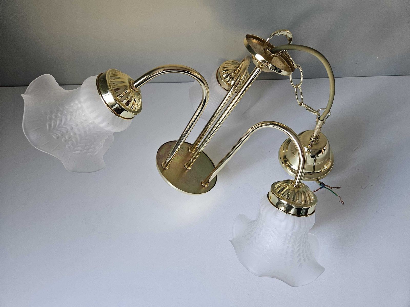 photo for sale Vintage Chandelier, Brass Chandelier With Frosted Glass Tulip Lampshades, Pendant Lamp, Gold Light Fixture, Hollywood Reegency Style