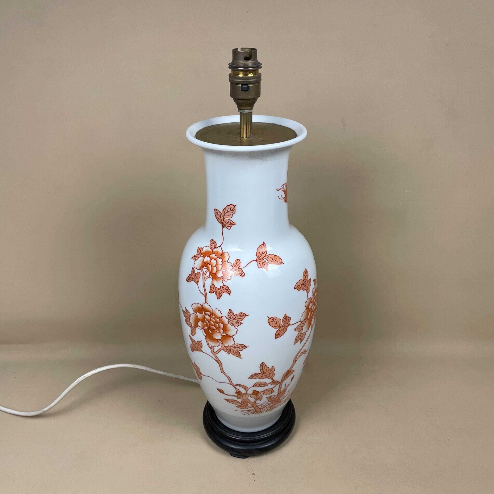 Vintage Ceramic Lamp Light Bedside Table Hand Painted Floral Design Pattern Wood Base Oriental Chinese Vase White Orange Antique Brass photo for sale