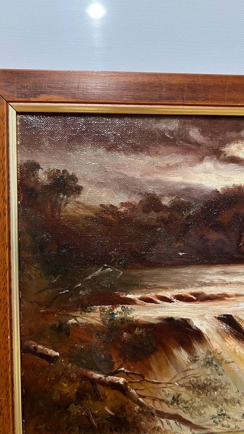 1920 Oil Painting By Charles Wray – Dramatic Landscape With River & Falls photo for sale