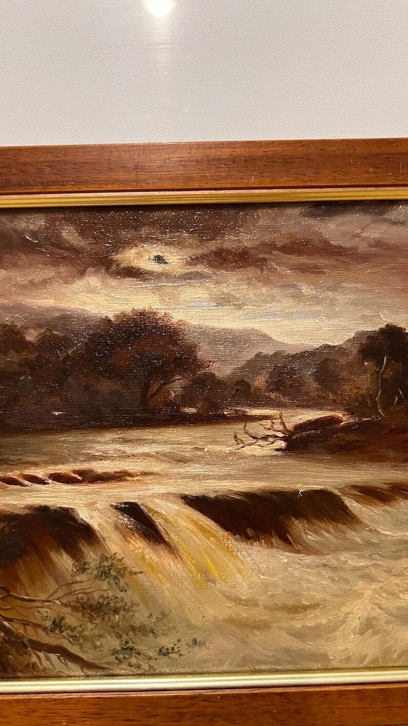 1920 Oil Painting By Charles Wray – Dramatic Landscape With River & Falls photo Art