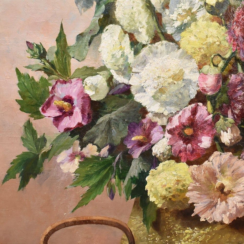 Antique Flower Painting, Mallow And Hibiscus Flowers, Oil On Canvas, Late 19th Century. (Qf648) photo 3500.0
