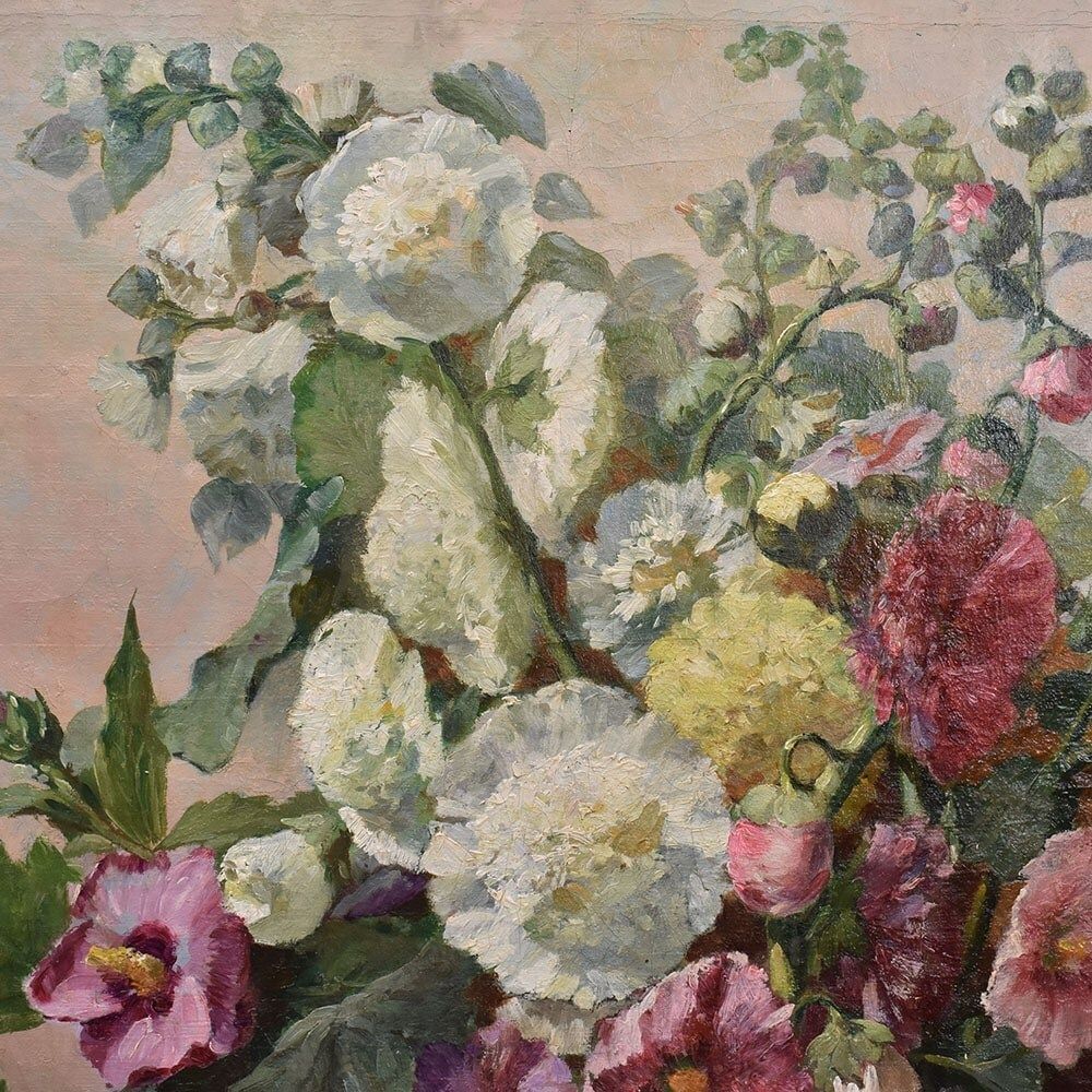 Antique Flower Painting, Mallow And Hibiscus Flowers, Oil On Canvas, Late 19th Century. (Qf648) photo vinterior