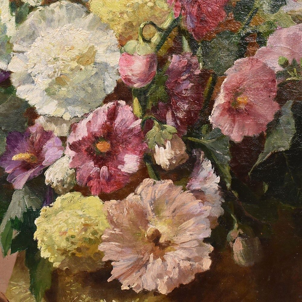 Antique Flower Painting, Mallow And Hibiscus Flowers, Oil On Canvas, Late 19th Century. (Qf648) photo buy
