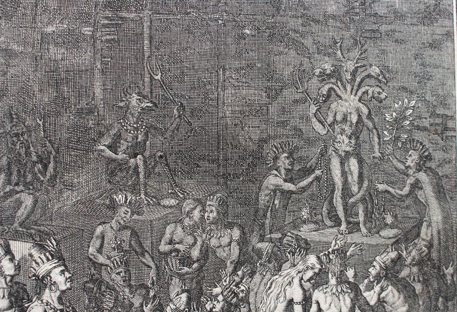 1721, Antique Engraving ... A Religious Ceremony On The Caribbean Island Dominica By Bernard Picart photo for sale