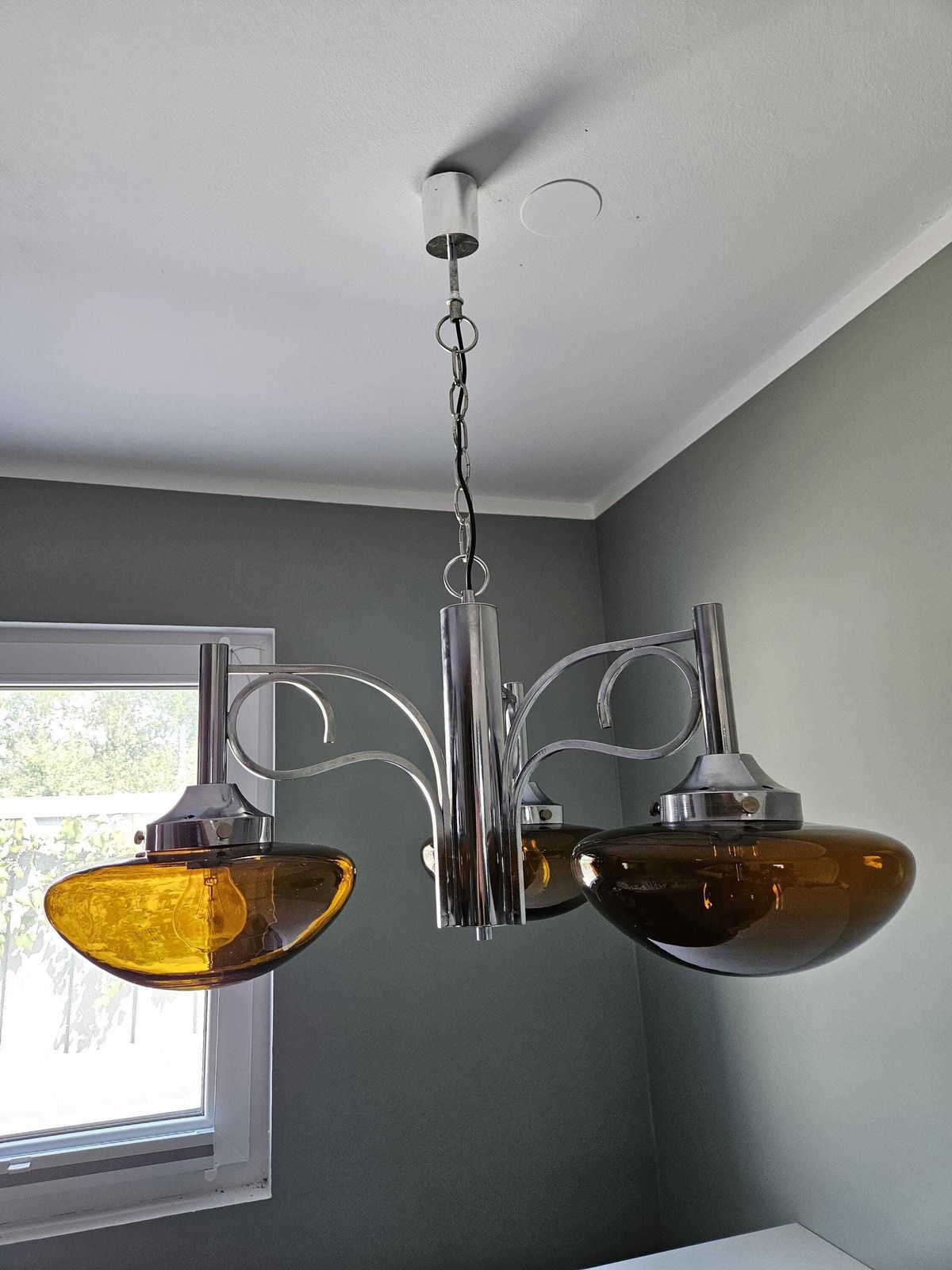 Vintage Chandelier, Space Age Lamp, Amber Glass Pendant Light, Mcm Ceiling Lamp, 70s, Chrome Chandelier, Light Fixture, Mid Century Modern photo for sale
