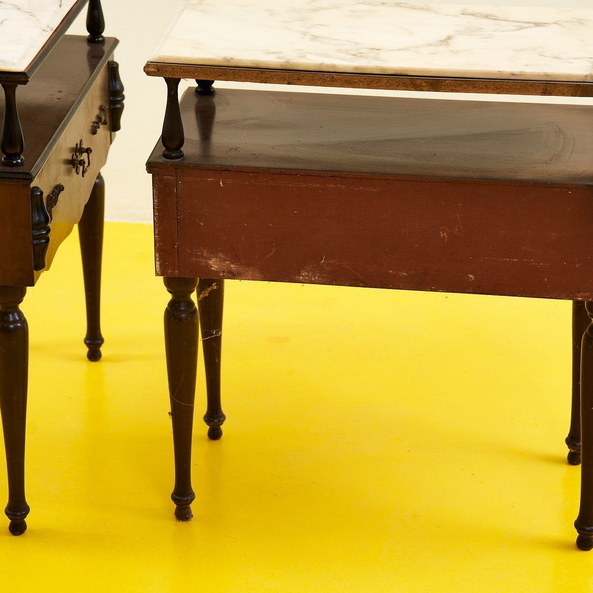 photo furniture Pair Of Wooden Bedside Tables With Marble Top From The 50s