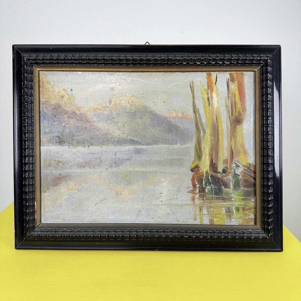 Vintage Ebonized Rippled Wooden Frame With Landscape Painting On Panel