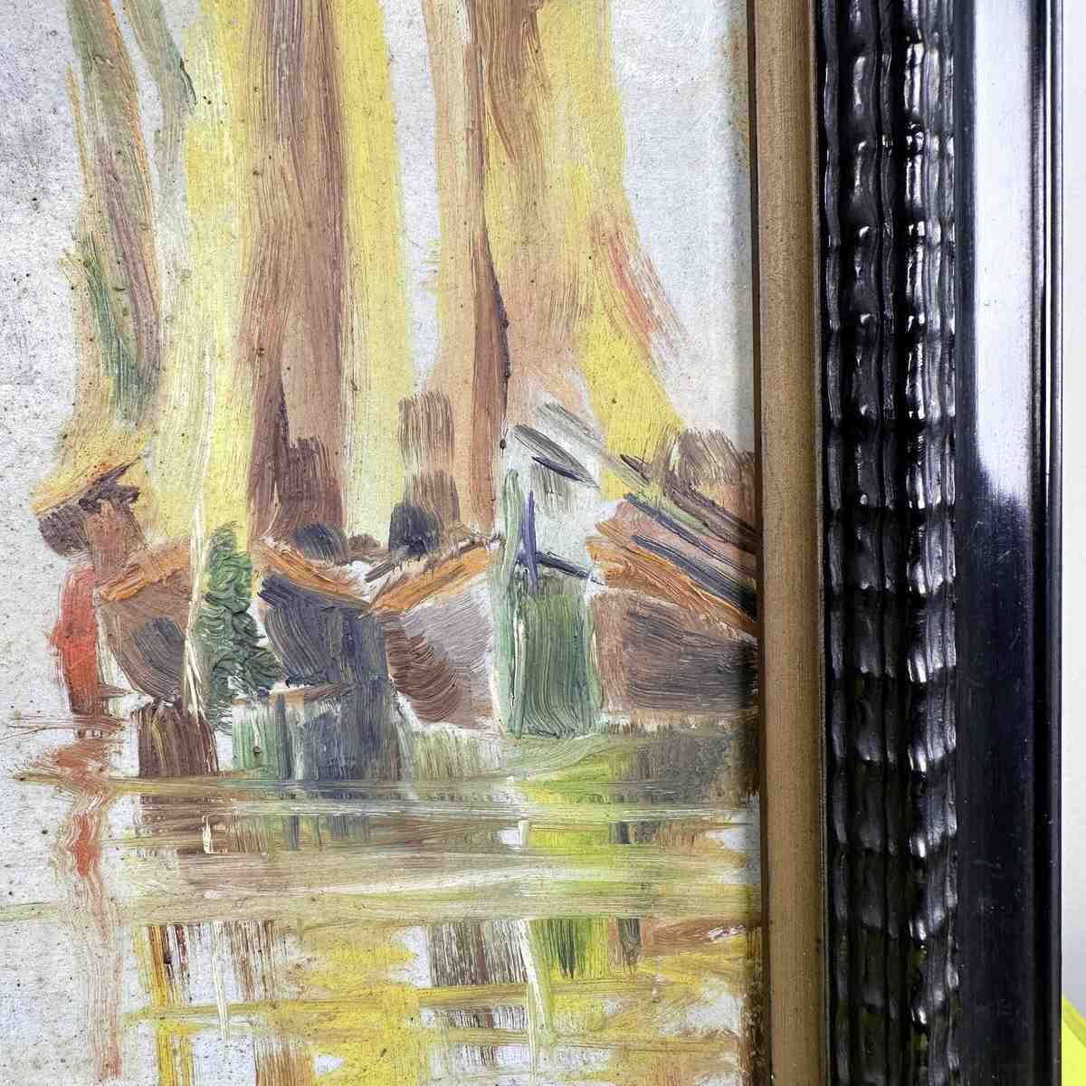 Vintage Ebonized Rippled Wooden Frame With Landscape Painting On Panel photo for sale