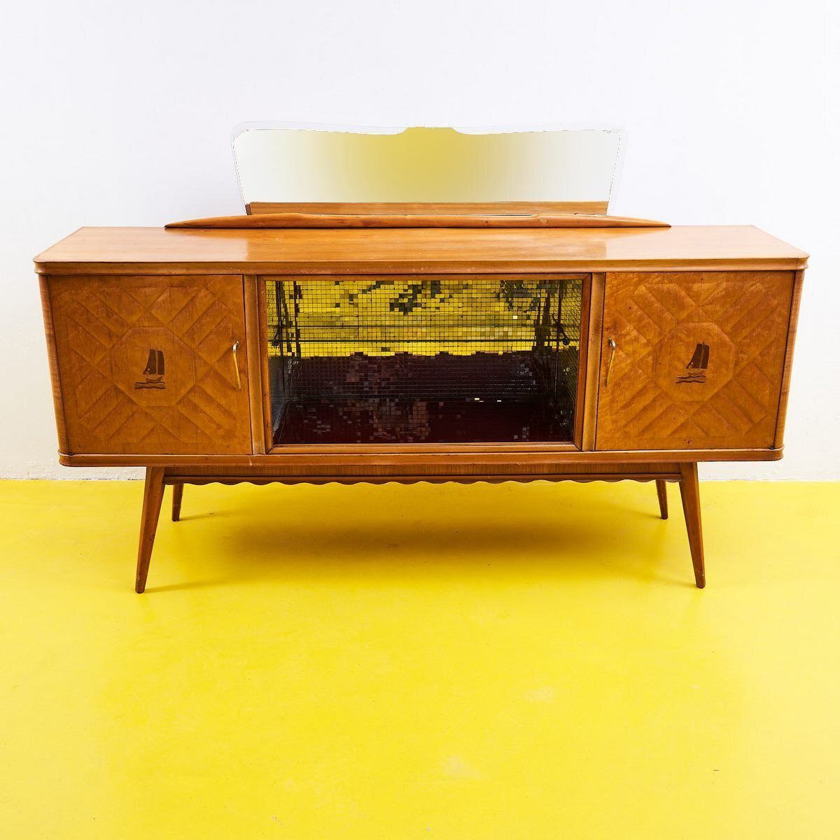 50's Light Wood Bar Sideboard With Mirror