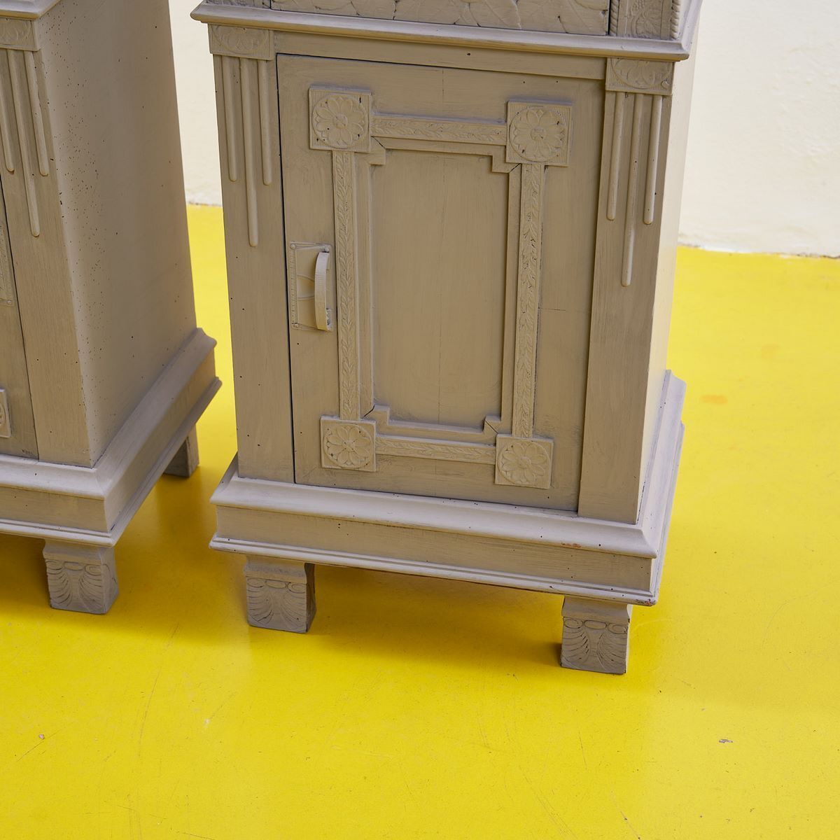 Pair Of Dove Grey Wooden Bedside Tables From The 40s photo for sale