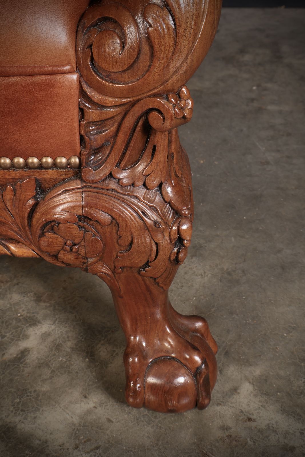 Pair Of Carved Mahogany & Leather Library Armchairs photo for sale