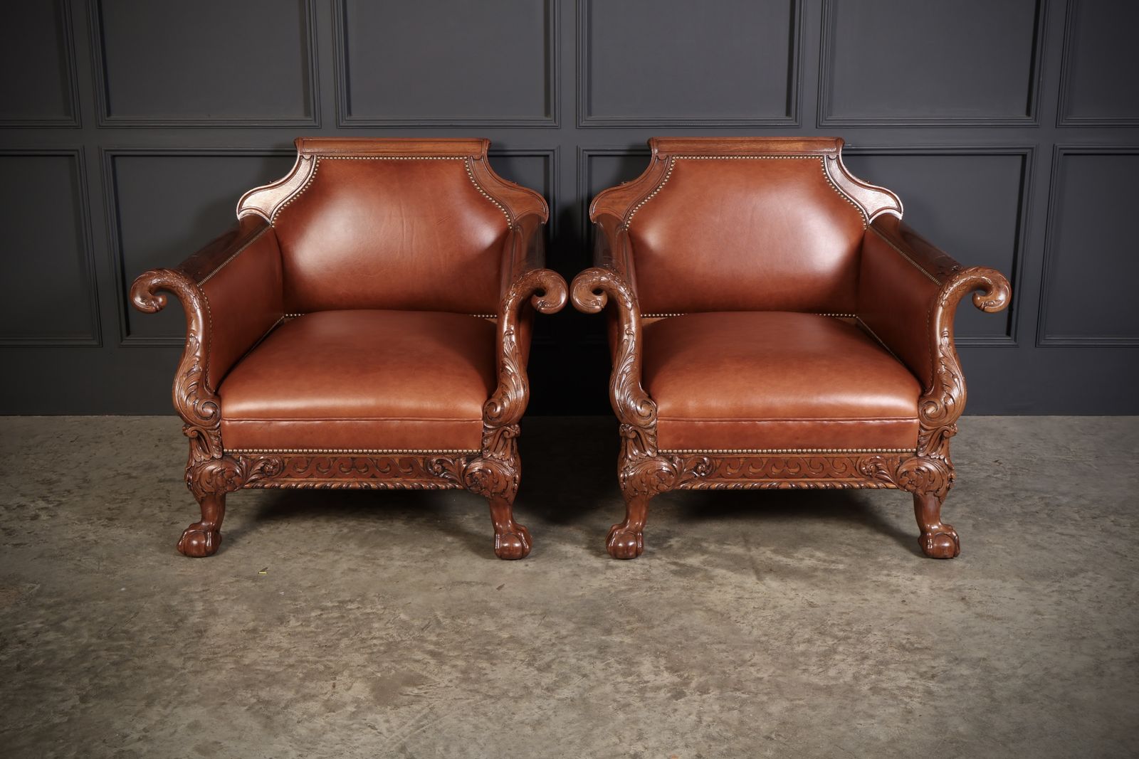 Pair Of Carved Mahogany & Leather Library Armchairs